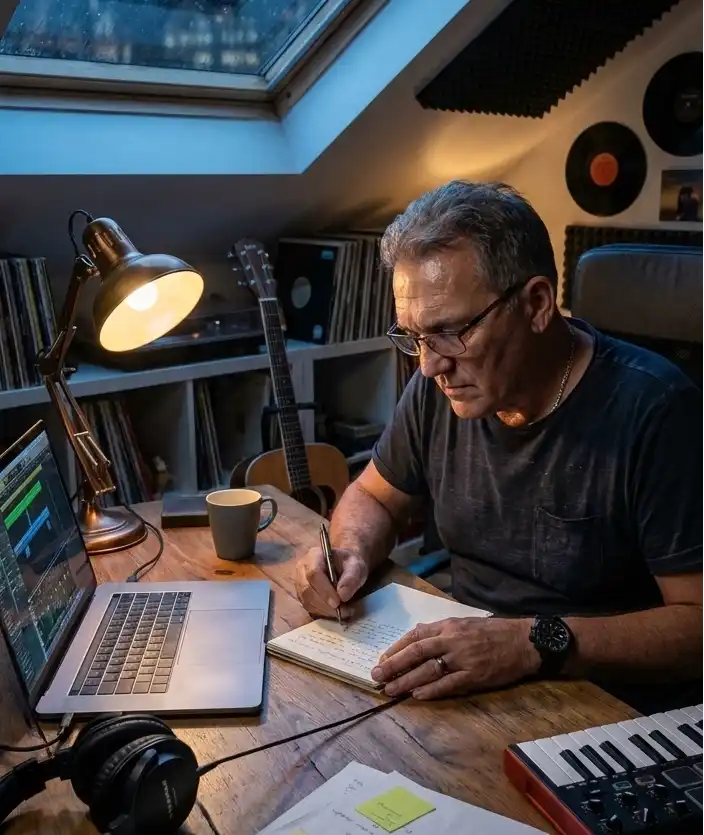 Benny-Greyson Musikproduktion. Benny schreibt an einem Text während er am Schreibtisch sitzt und sein Laptop eingeschaltet ist.